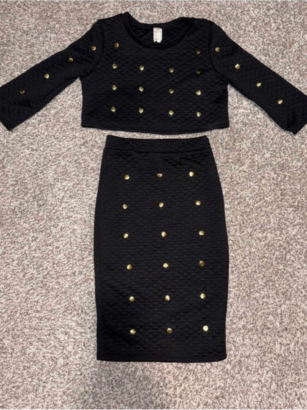 Black Quilted Pencil Skirt with Gold Stud Accents